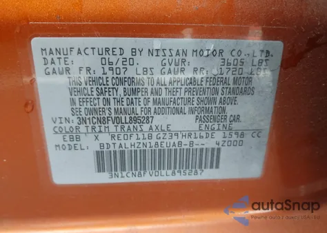 2020 Nissan Versa Sr Xtronic Cvt z USA, uszkodzony, nr VIN 3N1CN8FV0LL895287